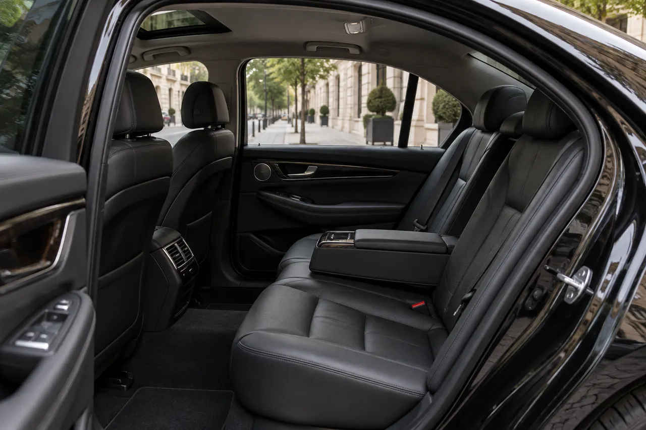 Open rear door and passenger seats of a black sedan in an illustrative urban setting