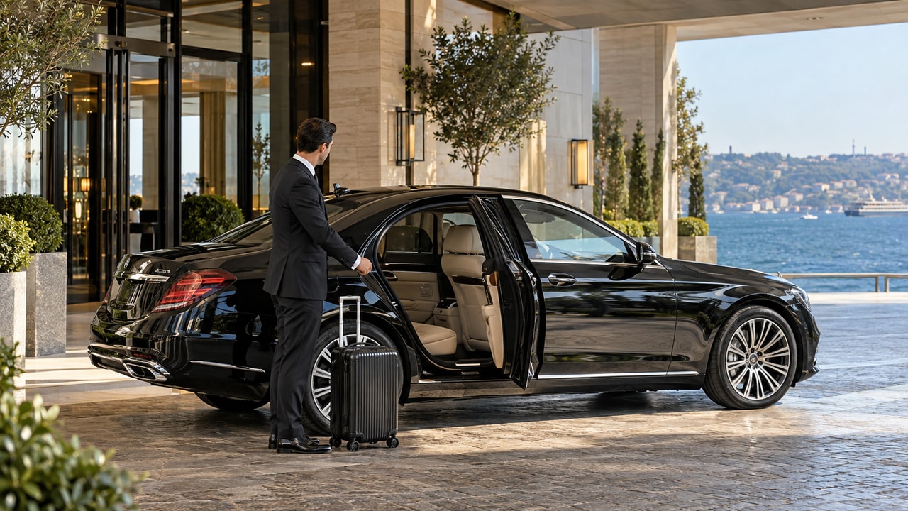 Photorealistic concept of a chauffeur opening a black sedan at a contemporary waterfront hotel entrance.