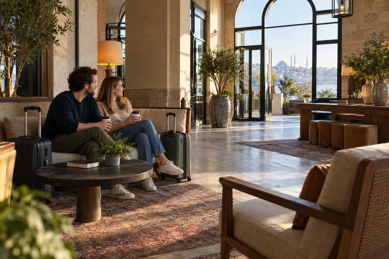 Representative travellers waiting with carry-on bags in a generic early-morning hotel lobby.