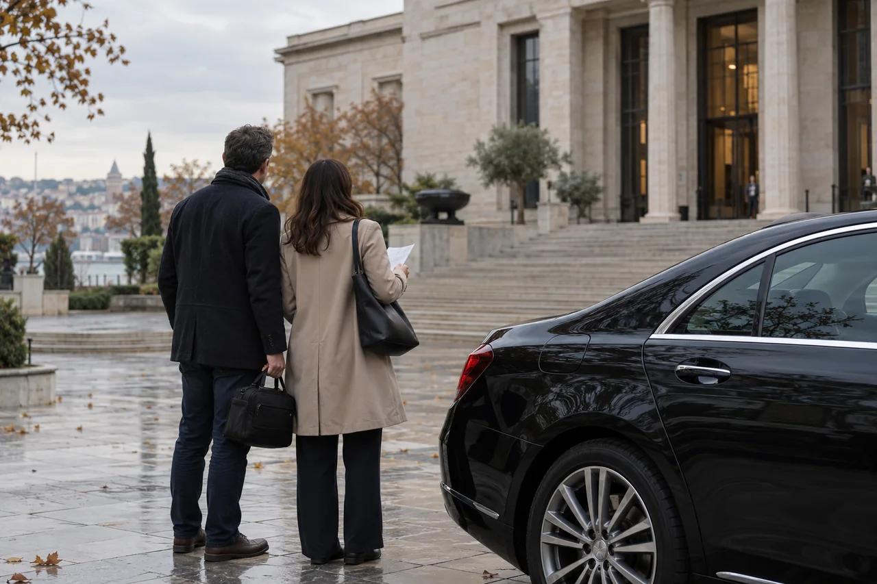 Representative travellers beside a car at a generic museum forecourt, planning a visit.