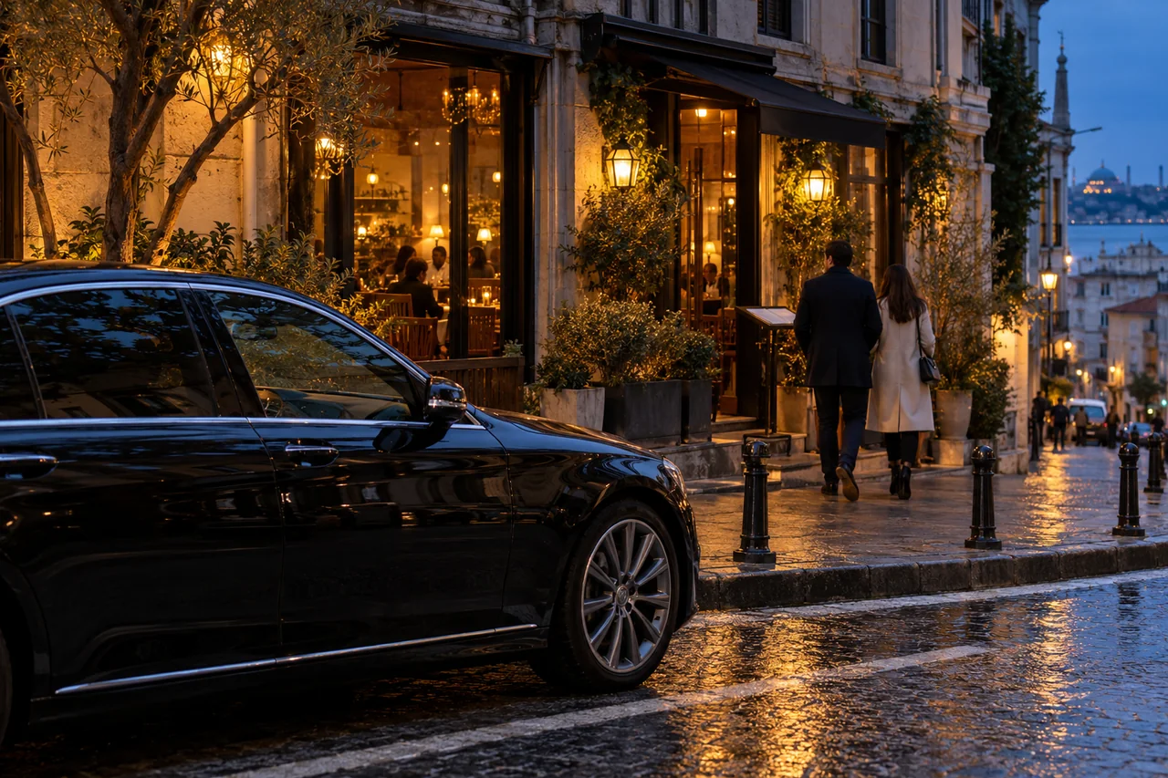 Representative evening restaurant entrance with dinner guests and a car seen from the side in Istanbul.