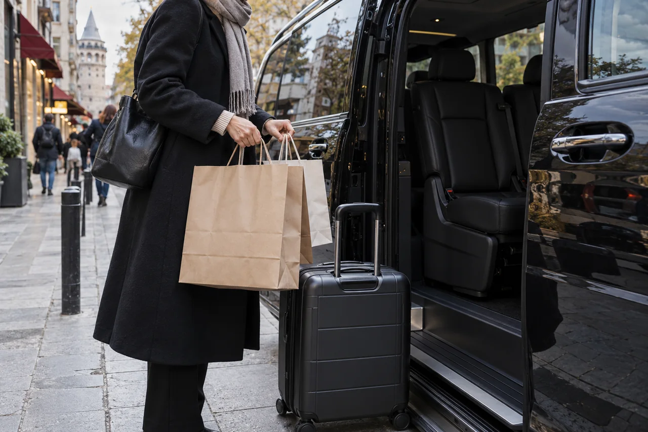 Representative shopping bags beside the side door of a black passenger van.