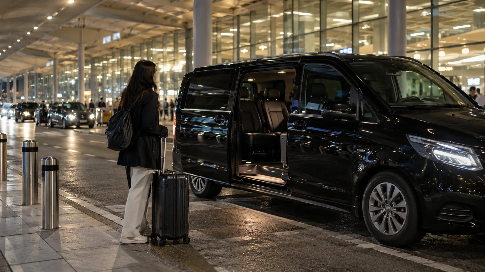 A traveller with a rolling suitcase beside a black passenger van at a terminal curb at night