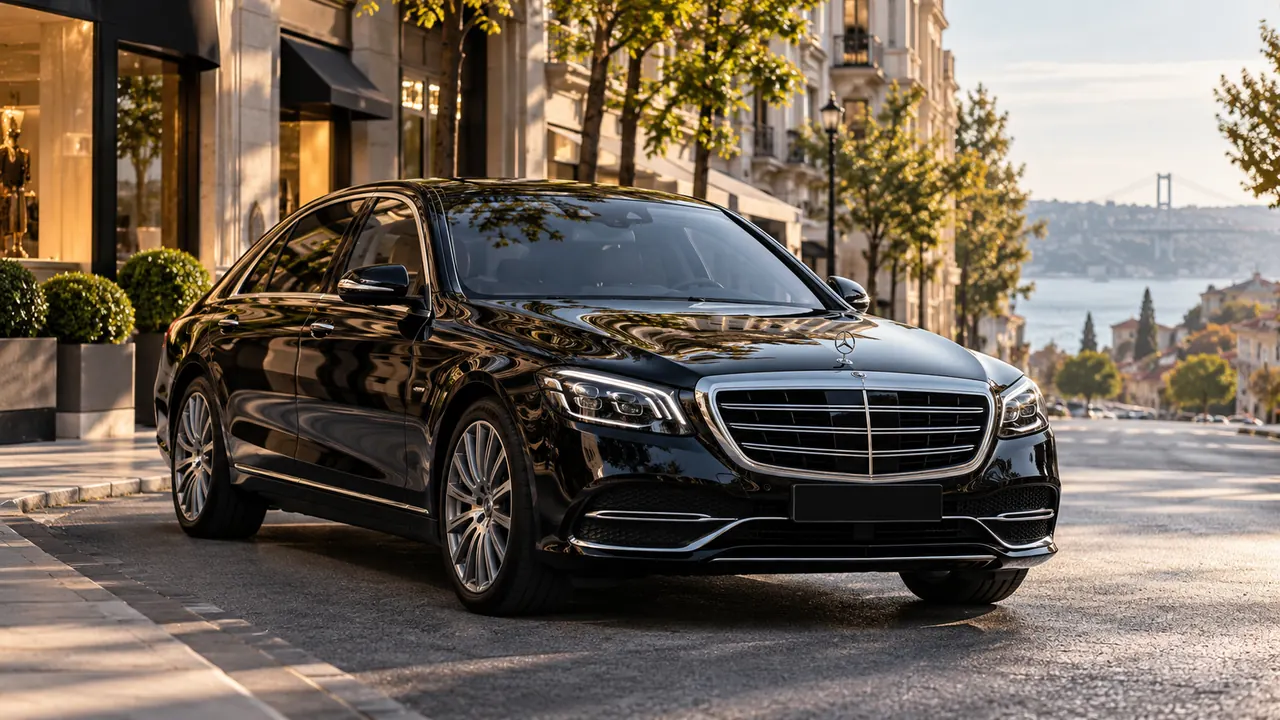 Black executive sedan on an Istanbul avenue in warm morning light