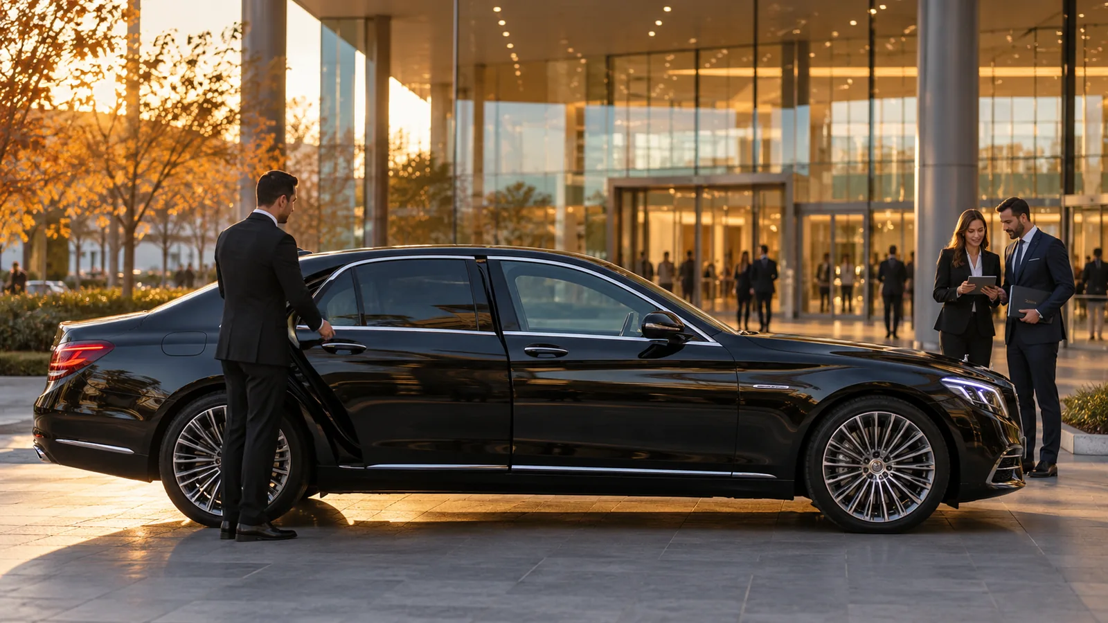 Representative executive sedan, chauffeur and business delegates at a generic congress venue