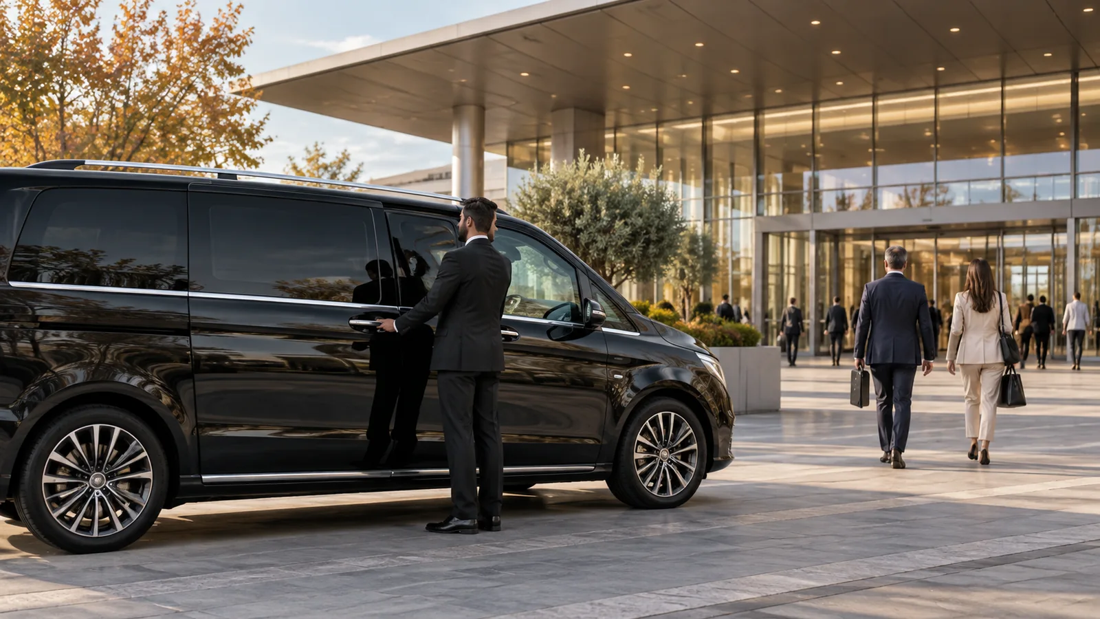 Representative black chauffeur minivan and business visitors at a generic exhibition venue